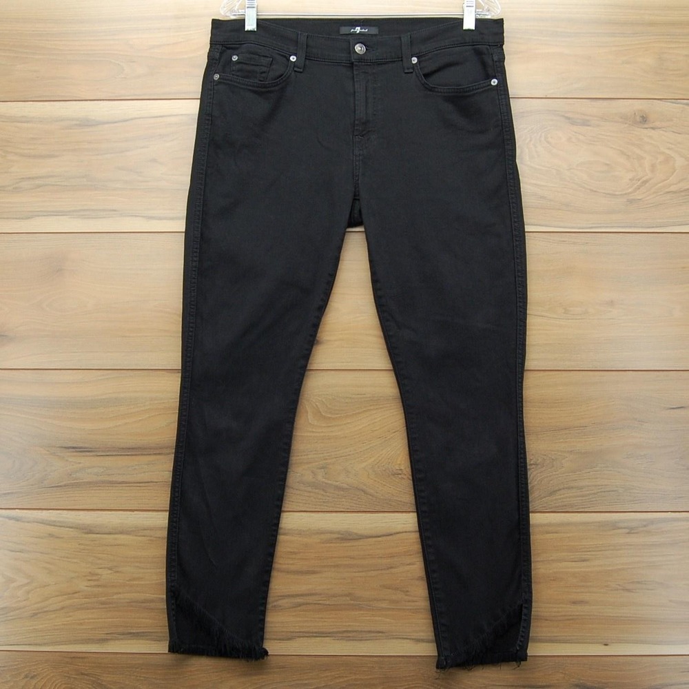 7 For All Mankind Jeans Womens 31 Black Skinny Ankle Raw Step Hem Denim Stretch